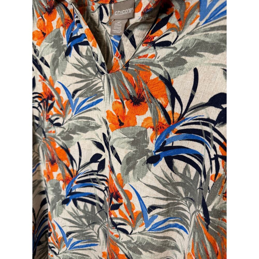 Chico's Fiesta Palms Linen Blend Popover Top Orange Blue Green Tropical 2 (L 12) - Picture 2 of 8